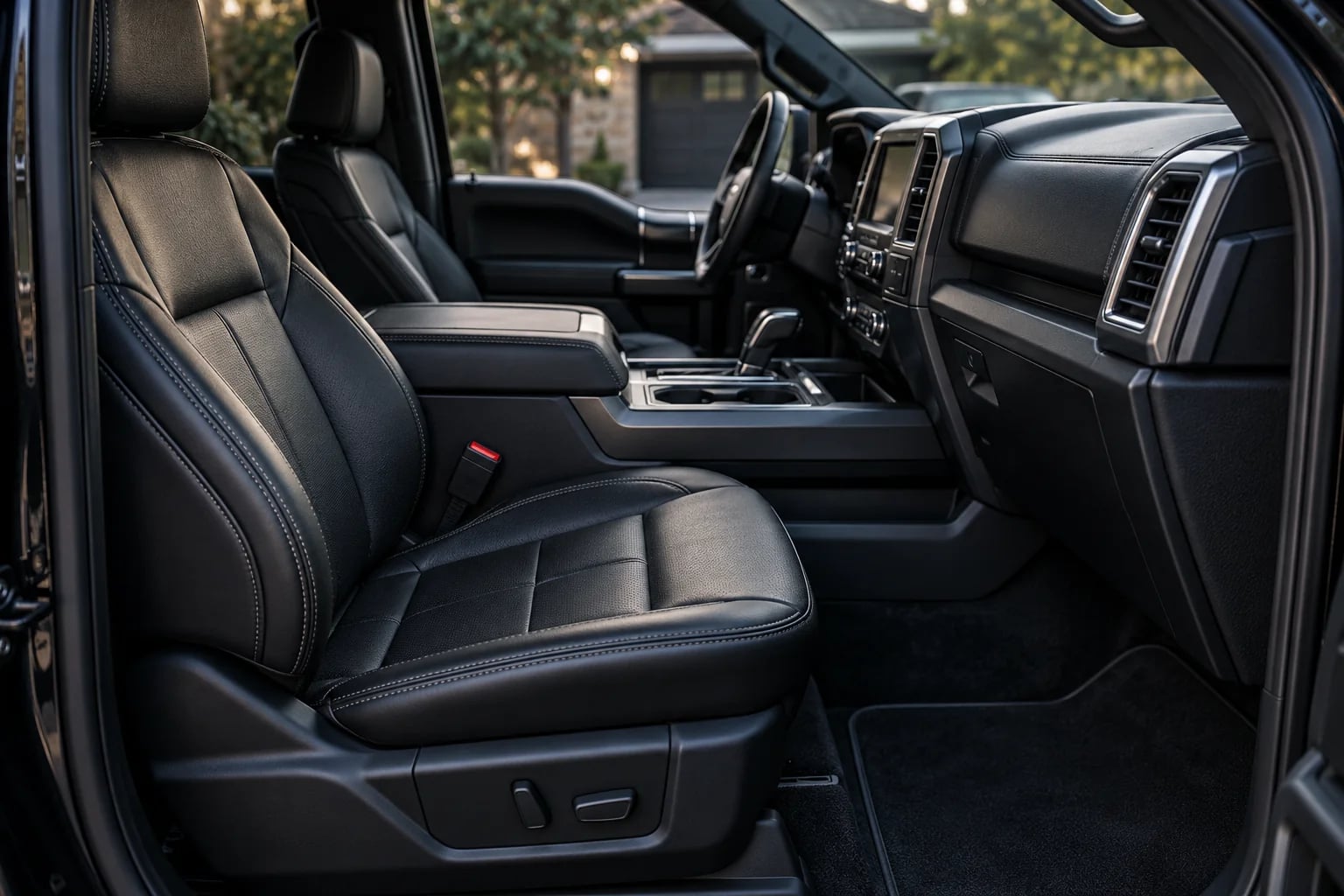 Truck cabin with dark leather seats and clean trim