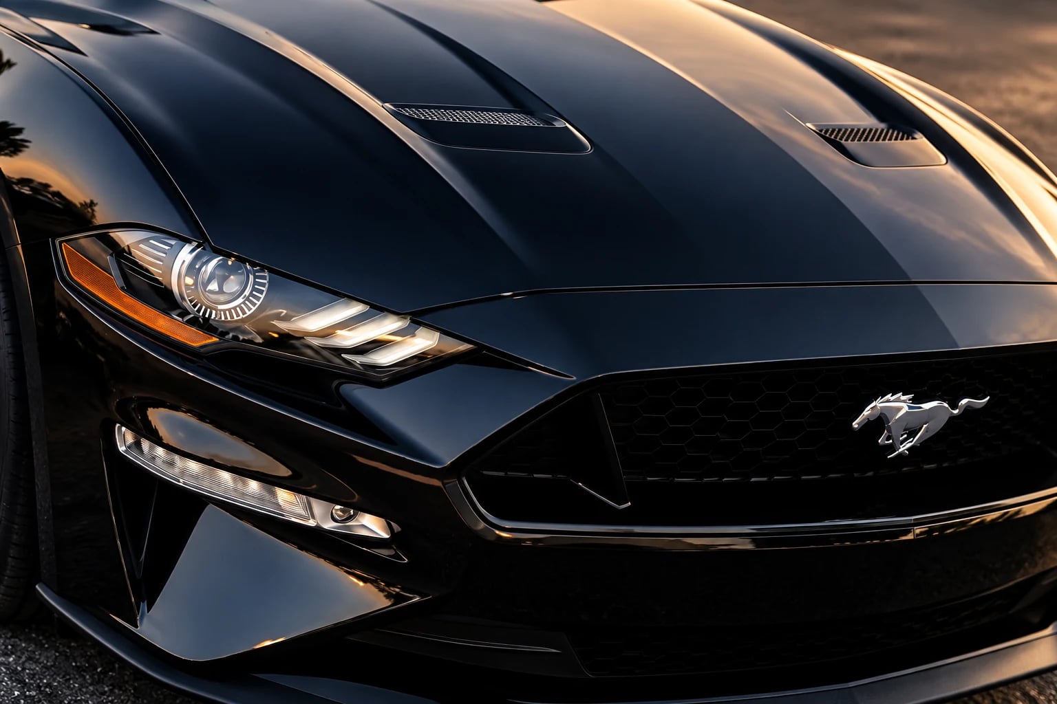 Clear Mustang headlight and dry black bodywork in warm light