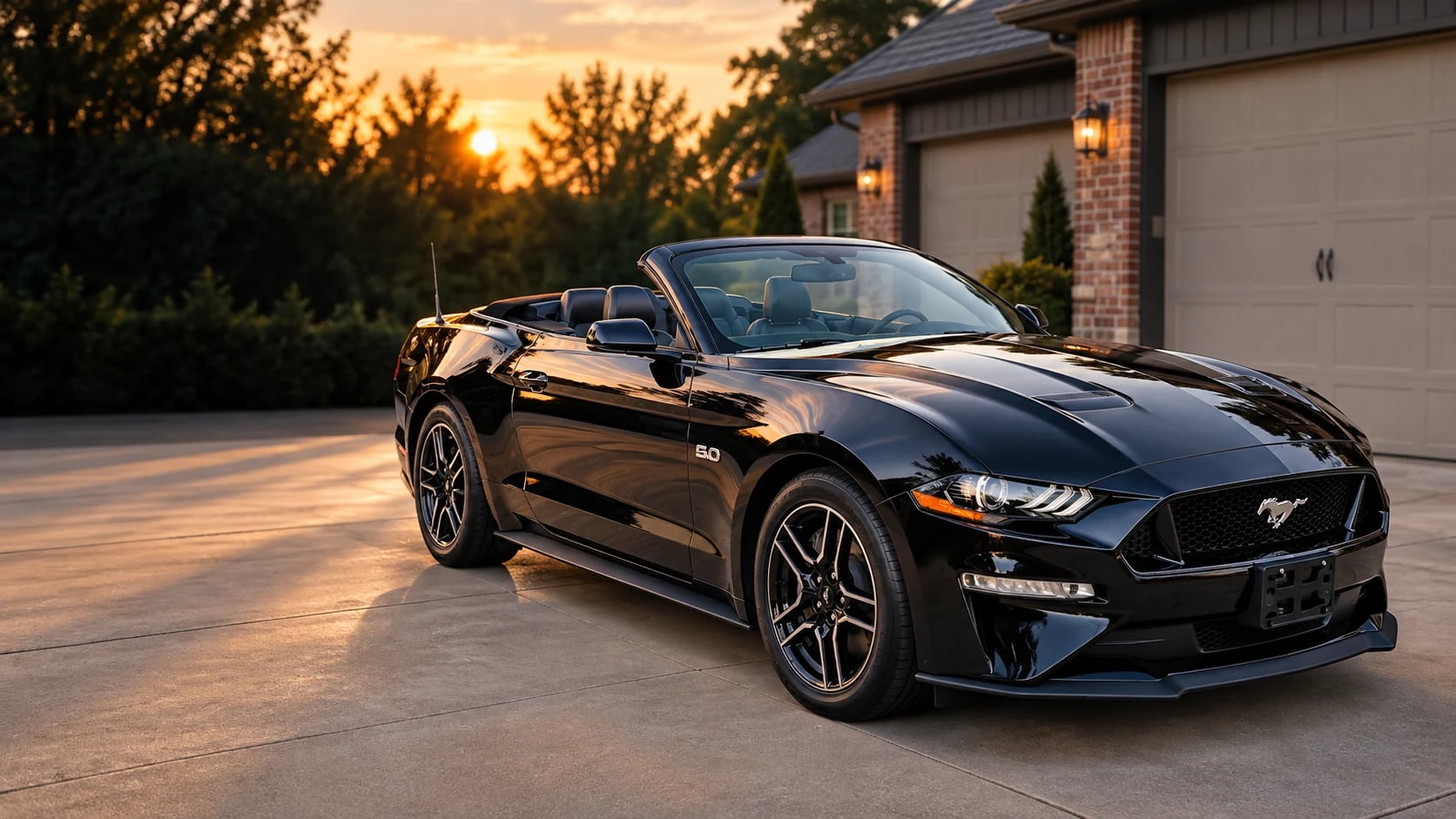 Black Mustang convertible with dry glossy paint in warm evening light