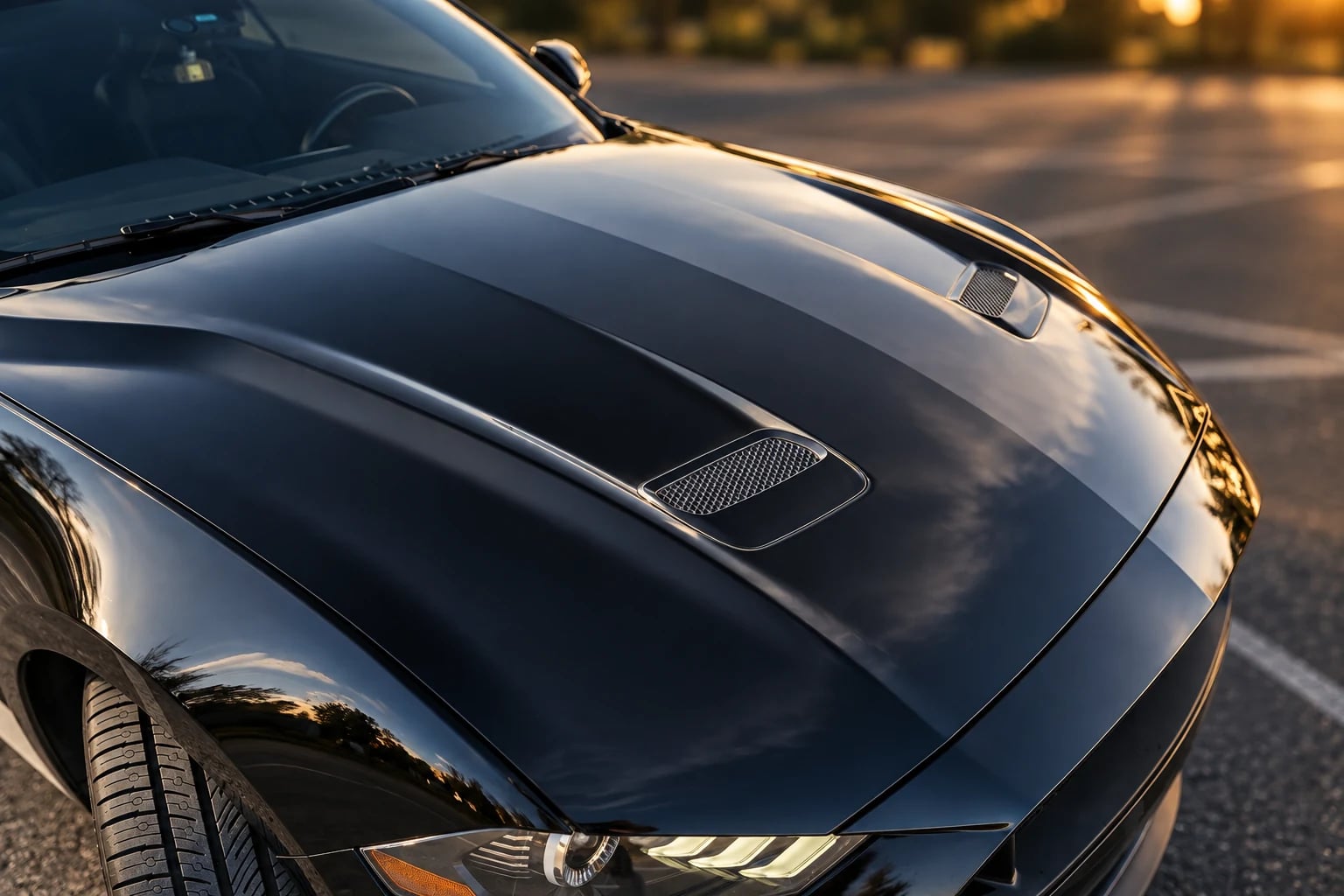 Smooth dry Mustang hood reflecting soft light across black paint
