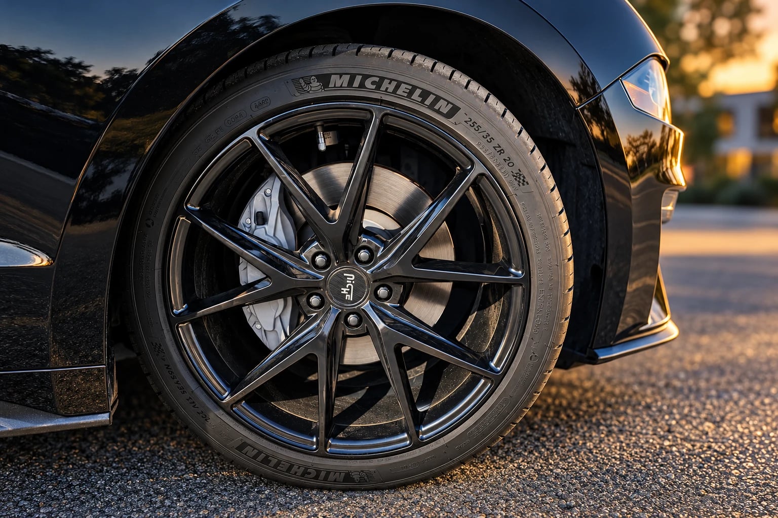 Clean black Mustang wheel and dry bodywork in soft evening light